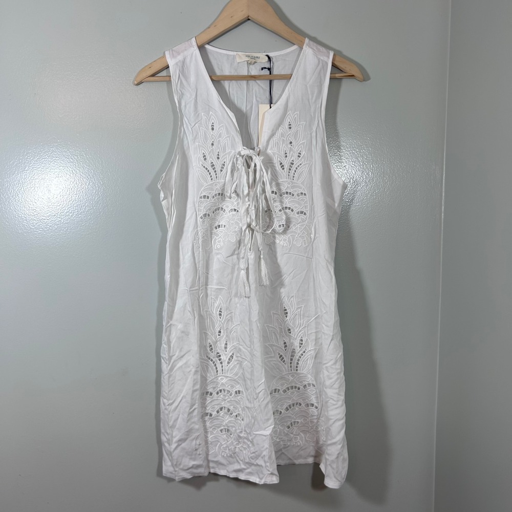 Solitaire Swim White Eyelet Lace Up Tassel Cover Up Dress Size L